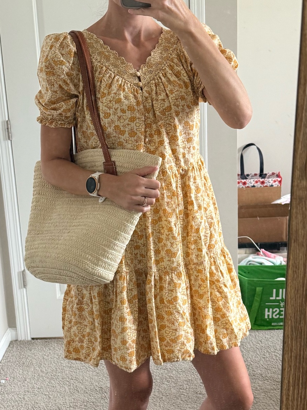 Madewell cotton yellow floral mini dress with lace trim, size S